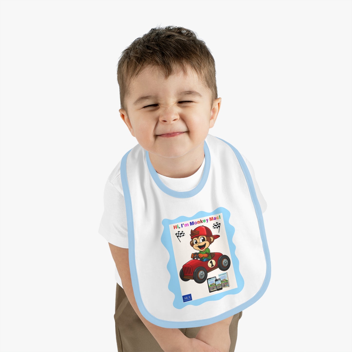 Fun Cartoon Baby Bib - 'Hi, I'm Monkey Mac!' Design