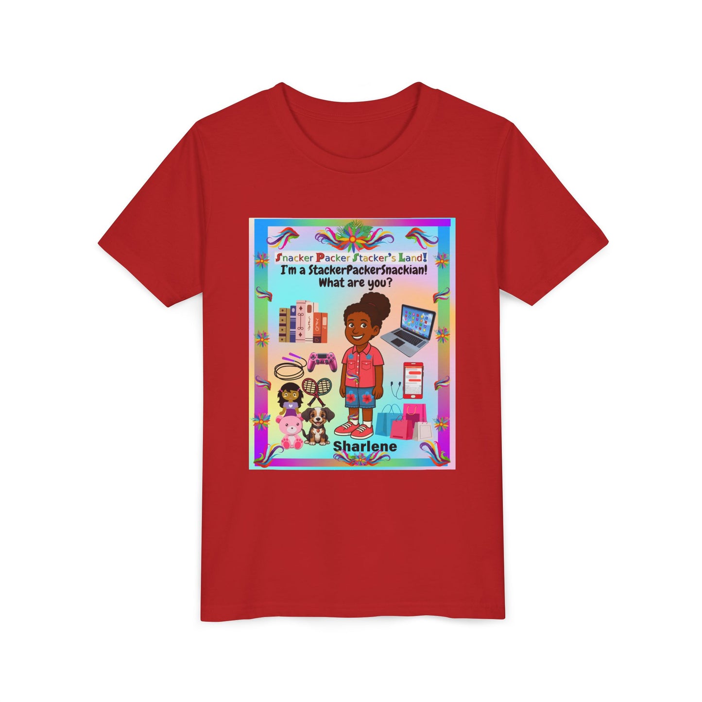 Youth Tee — "StackerPackerSnackman" Rainbow Travel & Adventure Kids T‑Shirt