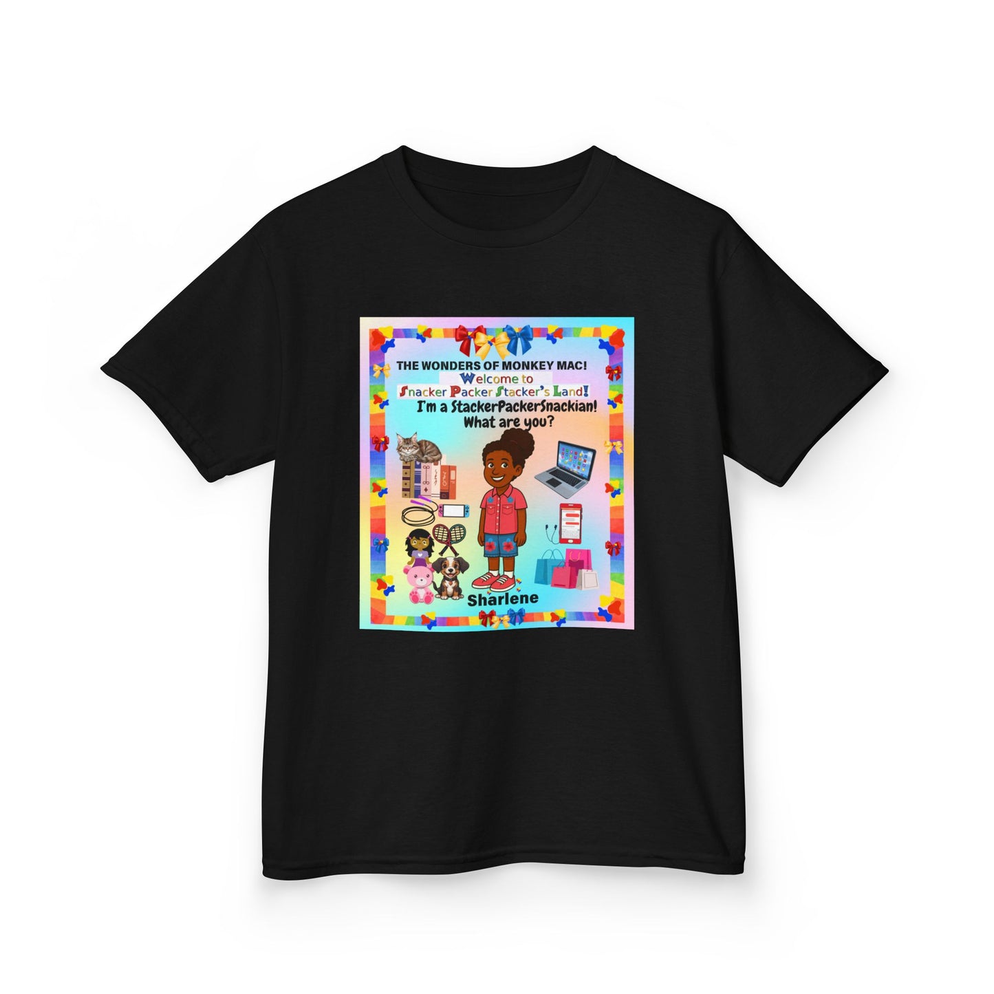 Youth Tee — "StackerPackerSnackman" Rainbow Travel & Adventure Kids T‑Shirt