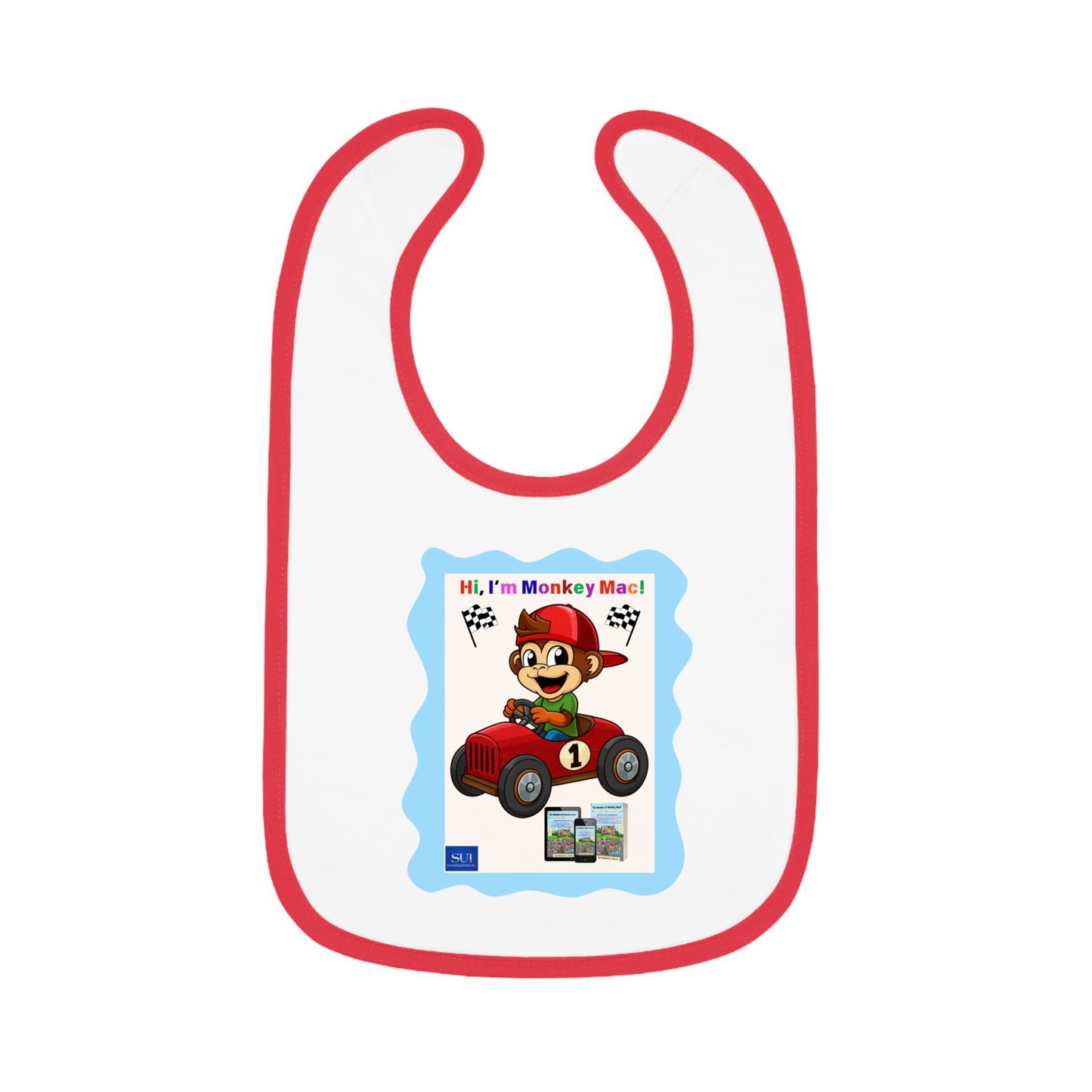 Fun Cartoon Baby Bib - 'Hi, I'm Monkey Mac!' Design