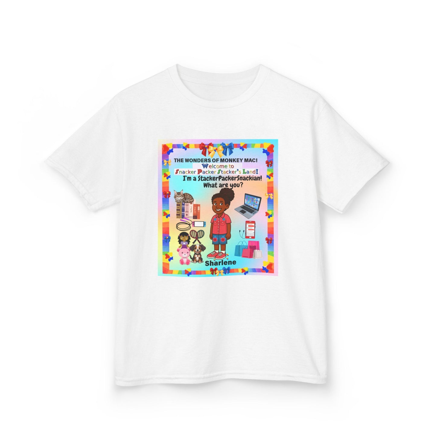 Youth Tee — "StackerPackerSnackman" Rainbow Travel & Adventure Kids T‑Shirt