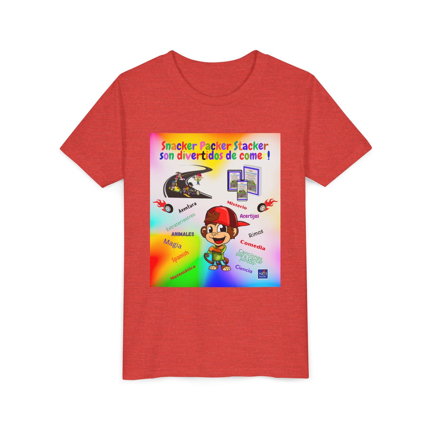 Youth Tee — (Spanish) Colorful Snack Design (“Snacker Packer Stacker son divertidos de come!”)